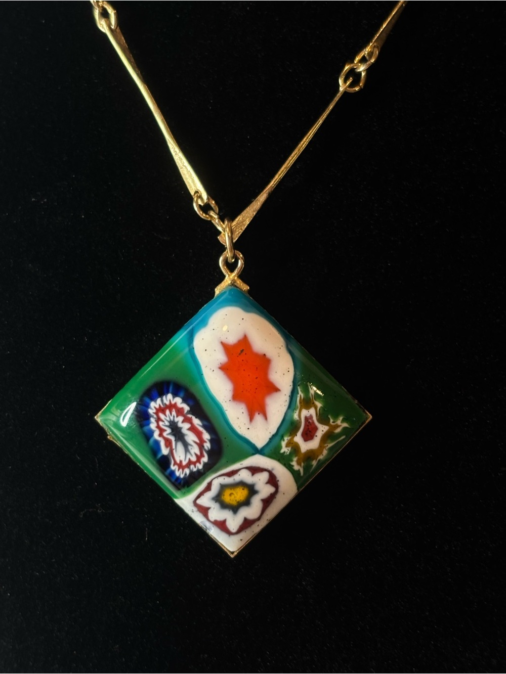 Vintage Millefiori Glass Pendant Necklace Gold Tone Choker Italian Style 14” - Picture 2 of 5